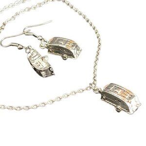 NEW Vintage Happy Camper Earrings + Necklace SET Silver Airstream Trailer RV